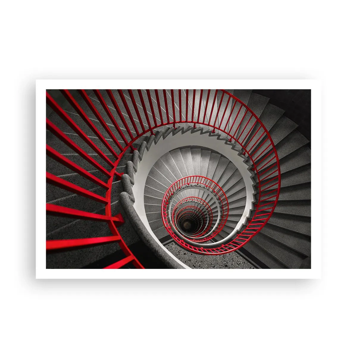 Plakat - Spiralne schody z czerwonymi poręczami w dynamicznej perspektywie - 100x70cm - Zabawy architektury - Nowoczesna dekoracja ścienna do salonu i sypialni ARTTOR