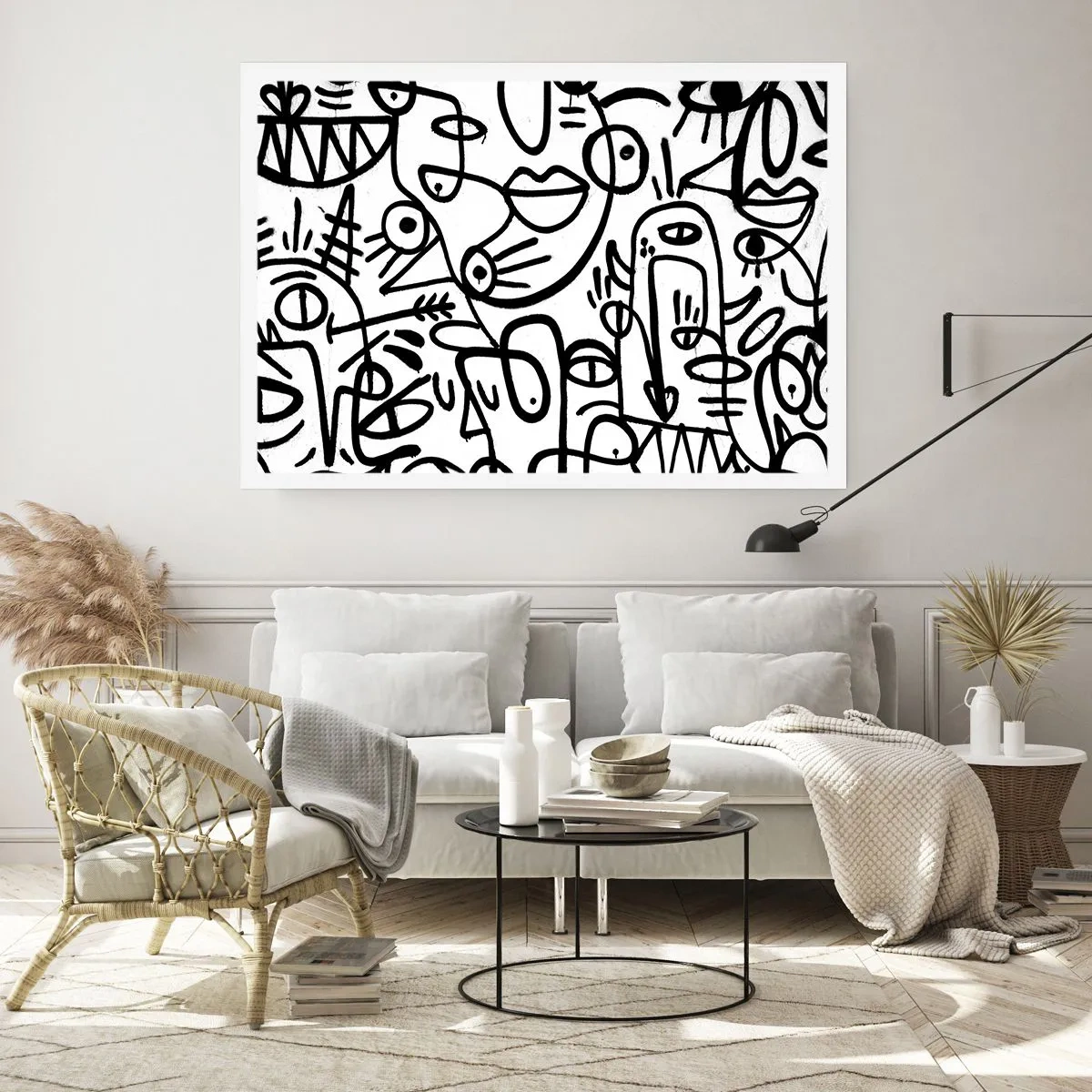 Plakat - Czarno-białe abstrakcyjne rysunki z motywami twarzy - 100x70cm - Twarze i miraże - Nowoczesna dekoracja ścienna do salonu i sypialni ARTTOR