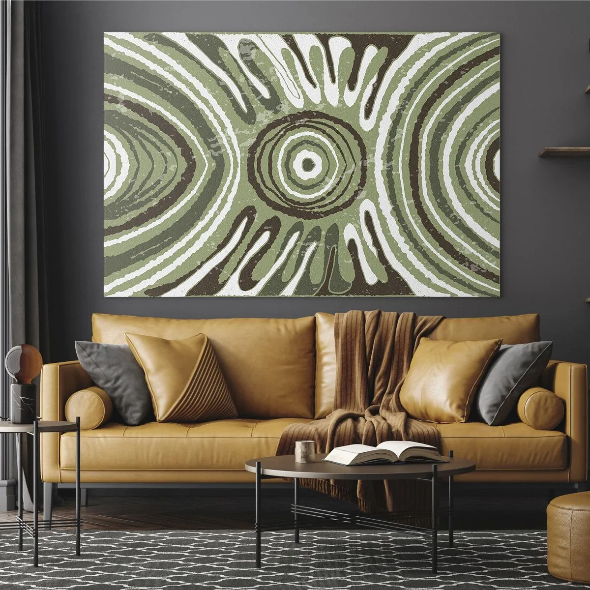 Obraz na szkle - Zielone koncentryczne kręgi i abstrakcyjne linie - 70x50cm - Eksplozja emocji - Nowoczesna dekoracja ścienna do salonu i sypialni ARTTOR