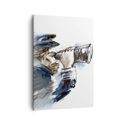 Obraz na płótnie - Postać mężczyzny z lornetką, malowana akwarelą w odcieniach brązu i niebieskiego - 50x70cm - Dziesięć w skali Beauforta! - Nowoczesna dekoracja ścienna do salonu, kuchni i sypialni ARTTOR