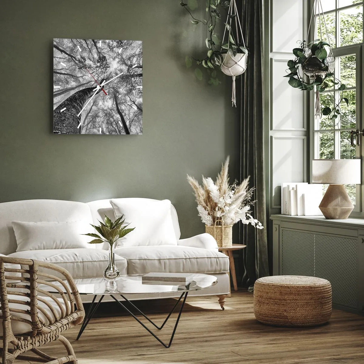 Zegar ścienny - Perspektywa drzew w lesie widzianych od dołu w odcieniach szarości - 30x30cm - Wyścig do światła - Nowoczesna dekoracja ścienna do salonu i sypialni ARTTOR