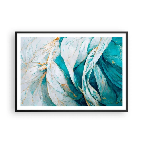 Plakat w czarnej ramie - Abstrakcyjne błękitne liście ze złotymi detalami - 100x70cm - Błękitna abstrakcja z motywem złota - Nowoczesna dekoracja ścienna do salonu i sypialni ARTTOR