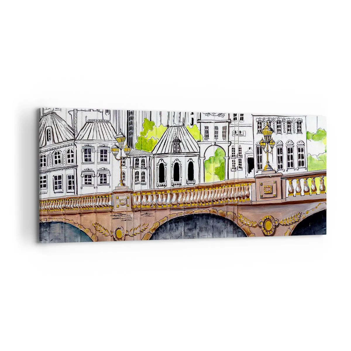 Obraz na płótnie - Rysunek mostu i zabytkowej architektury miejskiej - 120x50cm - Miasto jak malowane - Nowoczesna dekoracja ścienna do salonu i sypialni ARTTOR