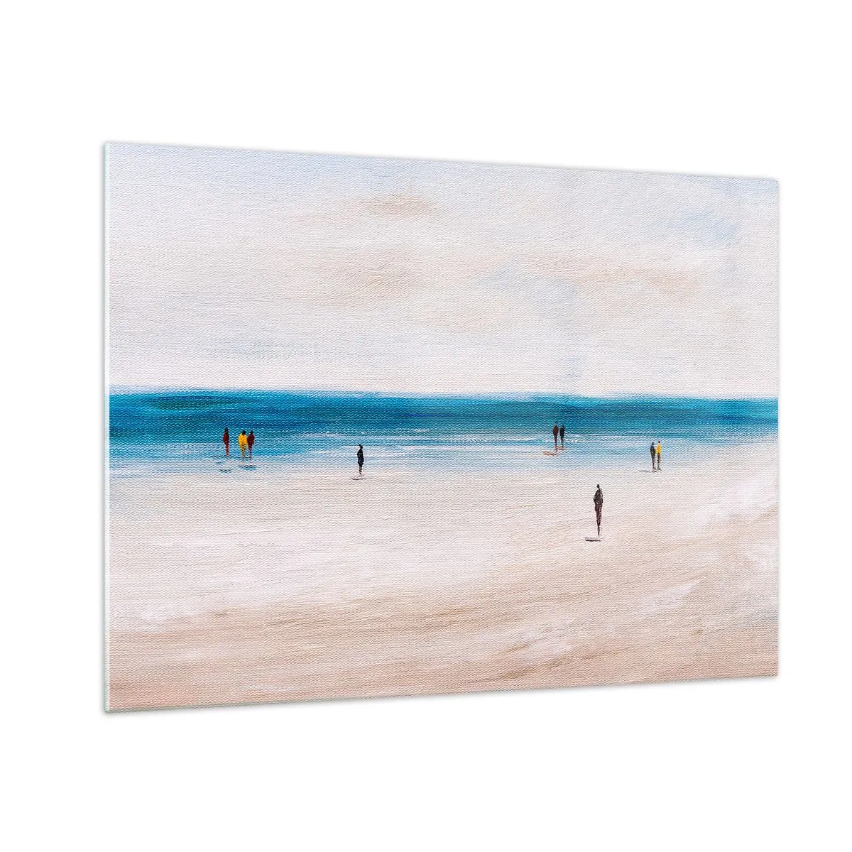 Obraz na szkle - Spokojna plaża z sylwetkami ludzi spacerujących przy linii morza - 70x50cm - Naturalna potrzeba - Nowoczesna dekoracja ścienna do salonu i sypialni ARTTOR