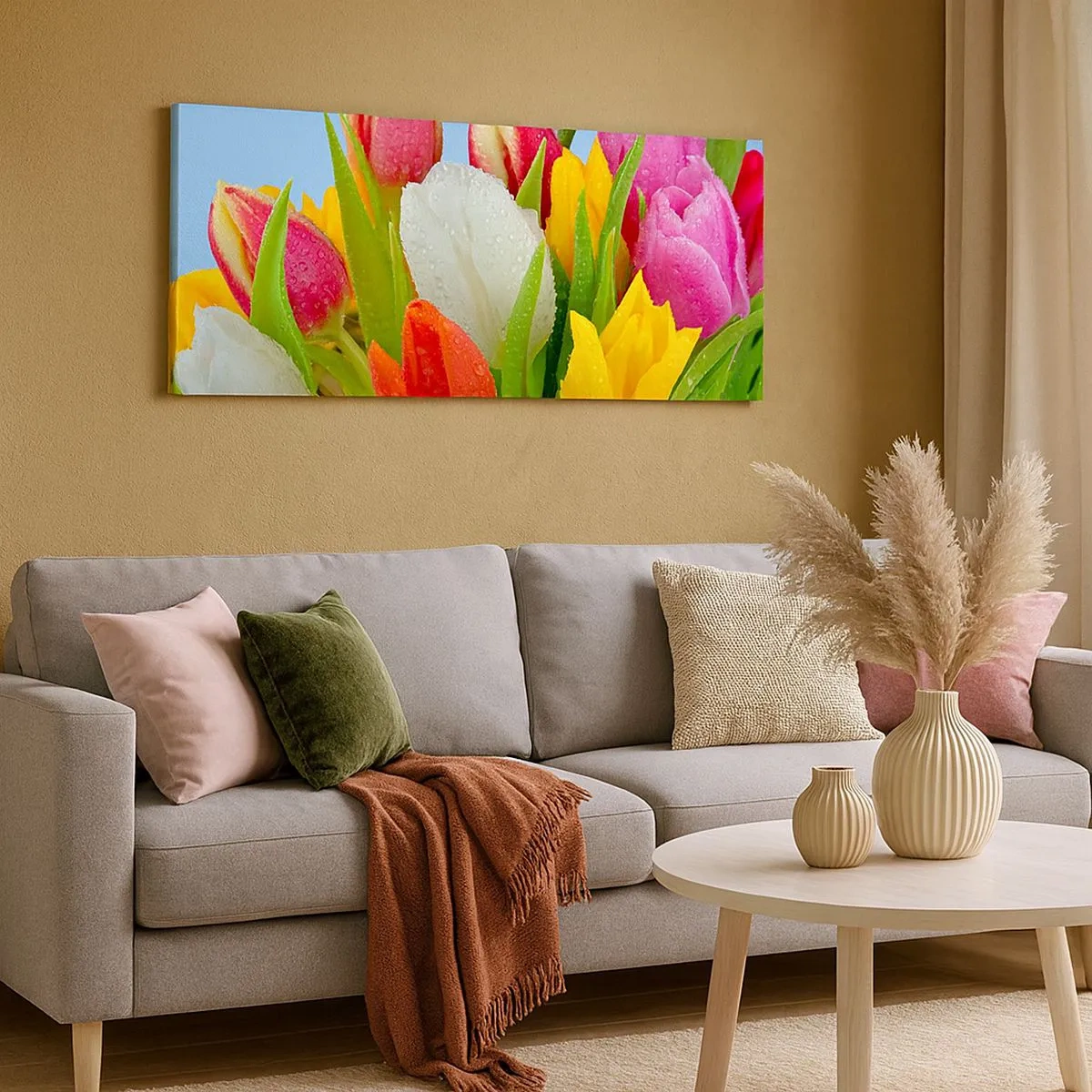 Obraz na płótnie - Kwiatowa tęcza w kroplach rosy - 100x40 cm