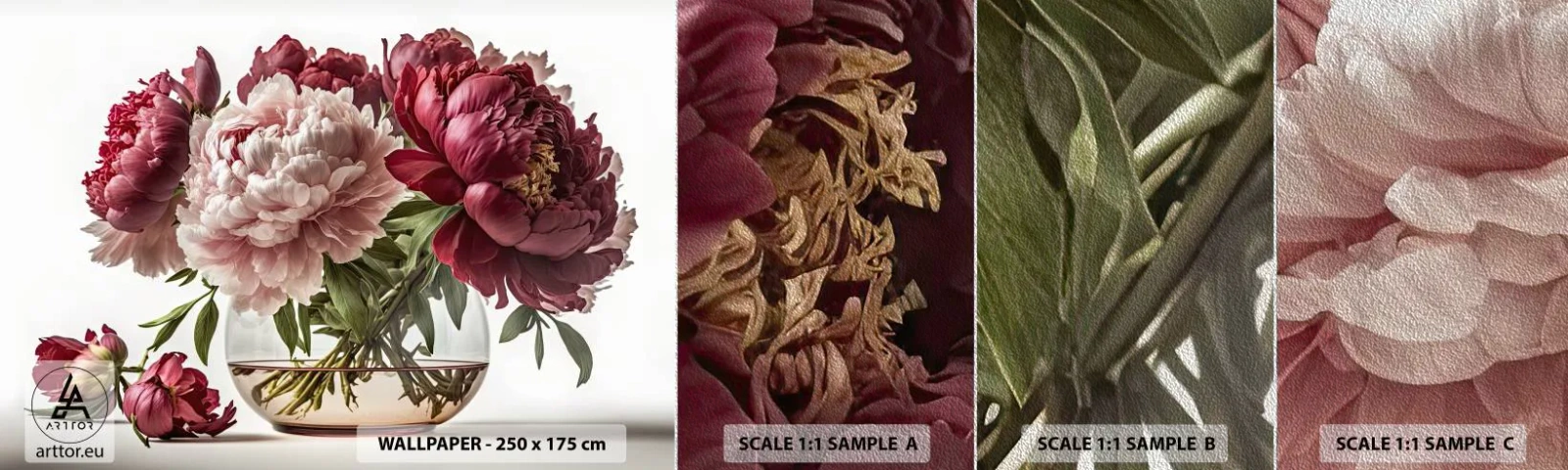 Fototapeta Próbka Premium Sand - W pełnym rozkwicie urody - Bukiet Kwiatów, Wazon, Piwonie - 100x30 cm