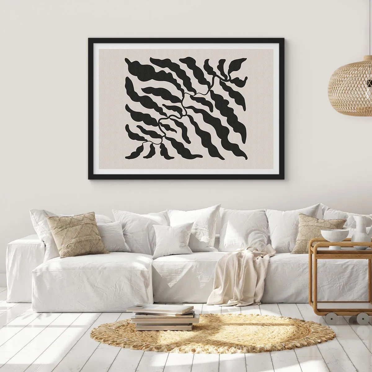 Plakat w czarnej ramie - Gałązki z liśćmi w czerni na jasnym tle - 70x50cm - Natura kwadratu - Nowoczesna dekoracja ścienna do salonu i sypialni ARTTOR
