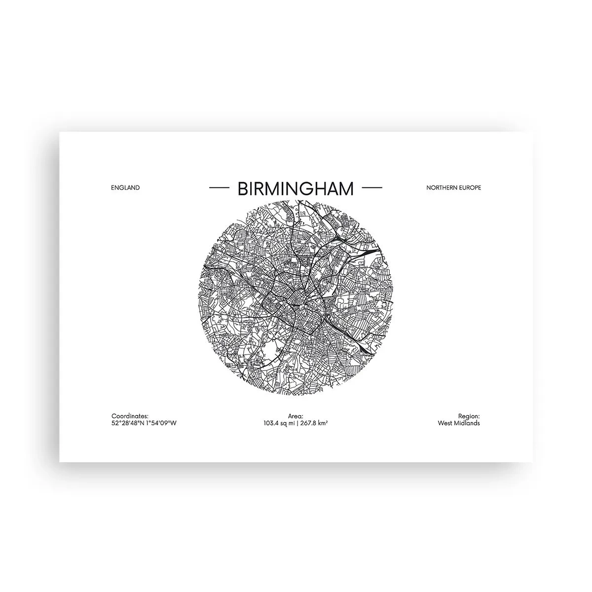 Plakat - Minimalistyczna mapa Birmingham w czarno-białej kolorystyce z precyzyjnymi detalami - 100x70cm - Anatomia Birmingham - Nowoczesna dekoracja ścienna do salonu i sypialni ARTTOR