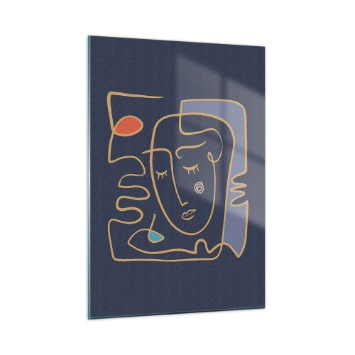 Obraz na szkle - Abstrakcyjna twarz w konturach na granatowym tle - 50x70cm - W zamyśleniu - Nowoczesna dekoracja ścienna do salonu, kuchni i sypialni ARTTOR