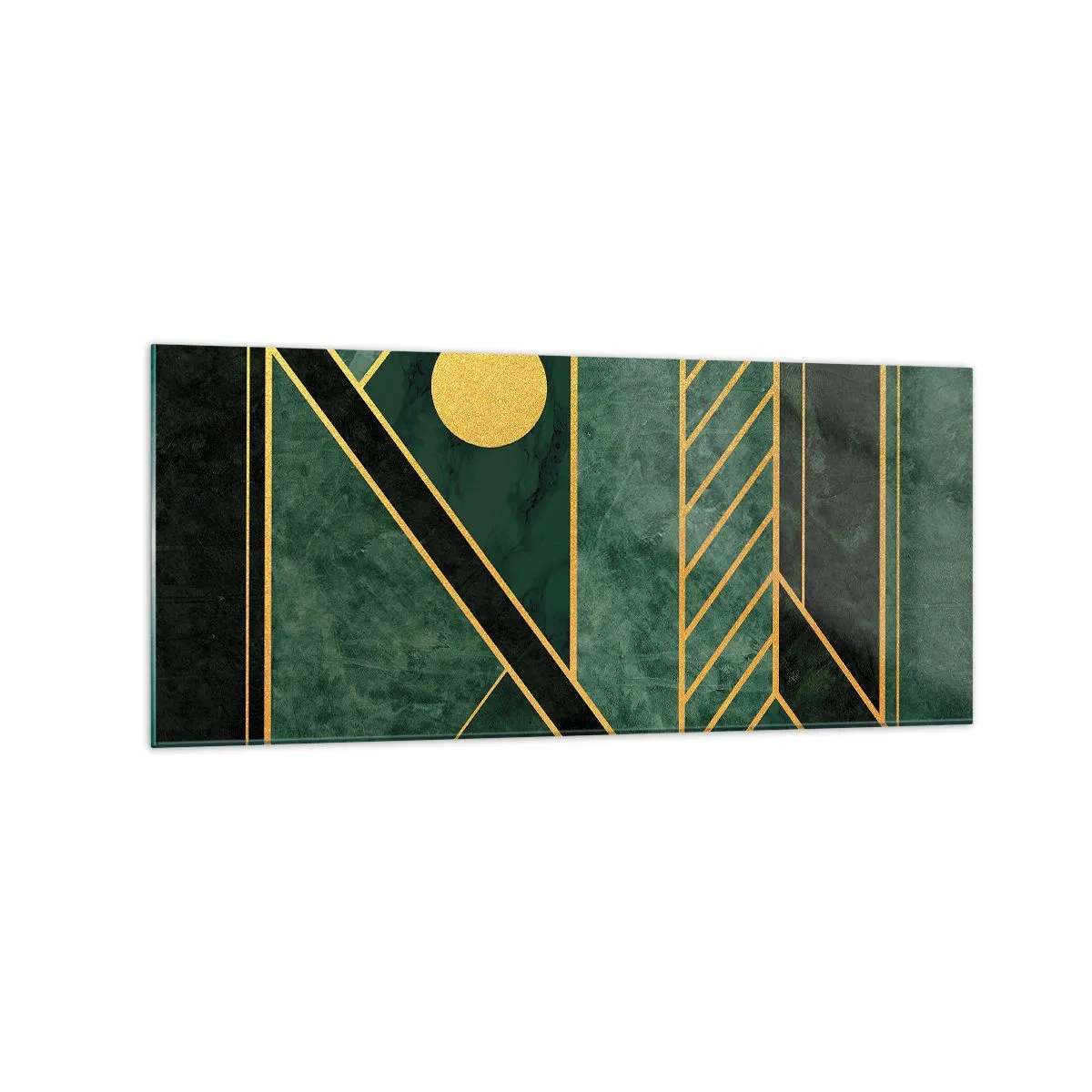 Obraz na szkle - Geometria w zieleni i złocie z eleganckim wzorem - 120x50cm - Dynamika złota i lazuru - Nowoczesna dekoracja ścienna do salonu i sypialni ARTTOR