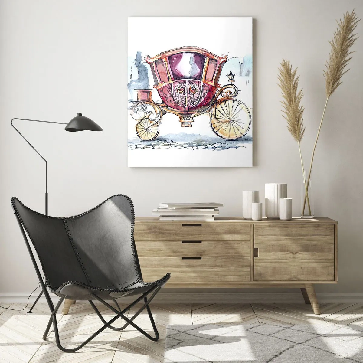 Obraz na szkle - Elegancka kareta w stylu akwarelowym na tle ulicy - 50x70cm - Do ślubu czy na bal? - Nowoczesna dekoracja ścienna do salonu, kuchni i sypialni ARTTOR