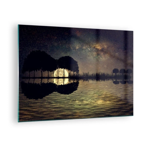 Obraz na szkle - Nocna scena z pełnią księżyca odbijającą się w wodzie - 70x50cm - Noc na krańcu świata - Nowoczesna dekoracja ścienna do salonu i sypialni ARTTOR