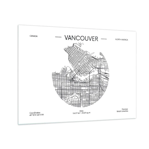 Obraz na szkle - Mapa Vancouver z układem ulic w czarno-białym stylu - 70x50cm - Anatomia Vancouver - Nowoczesna dekoracja ścienna do salonu i sypialni ARTTOR
