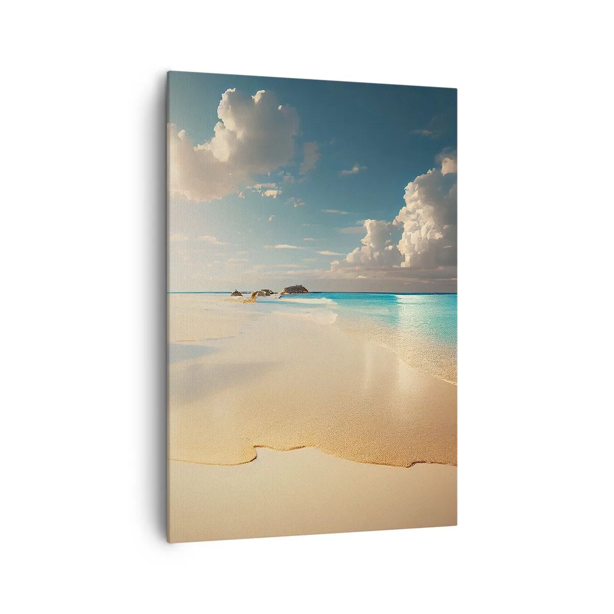 Obraz na płótnie - Słoneczna plaża z błękitnym morzem i skałami - 70x100cm - Wymarzony dzień - Nowoczesna dekoracja ścienna do salonu i sypialni ARTTOR