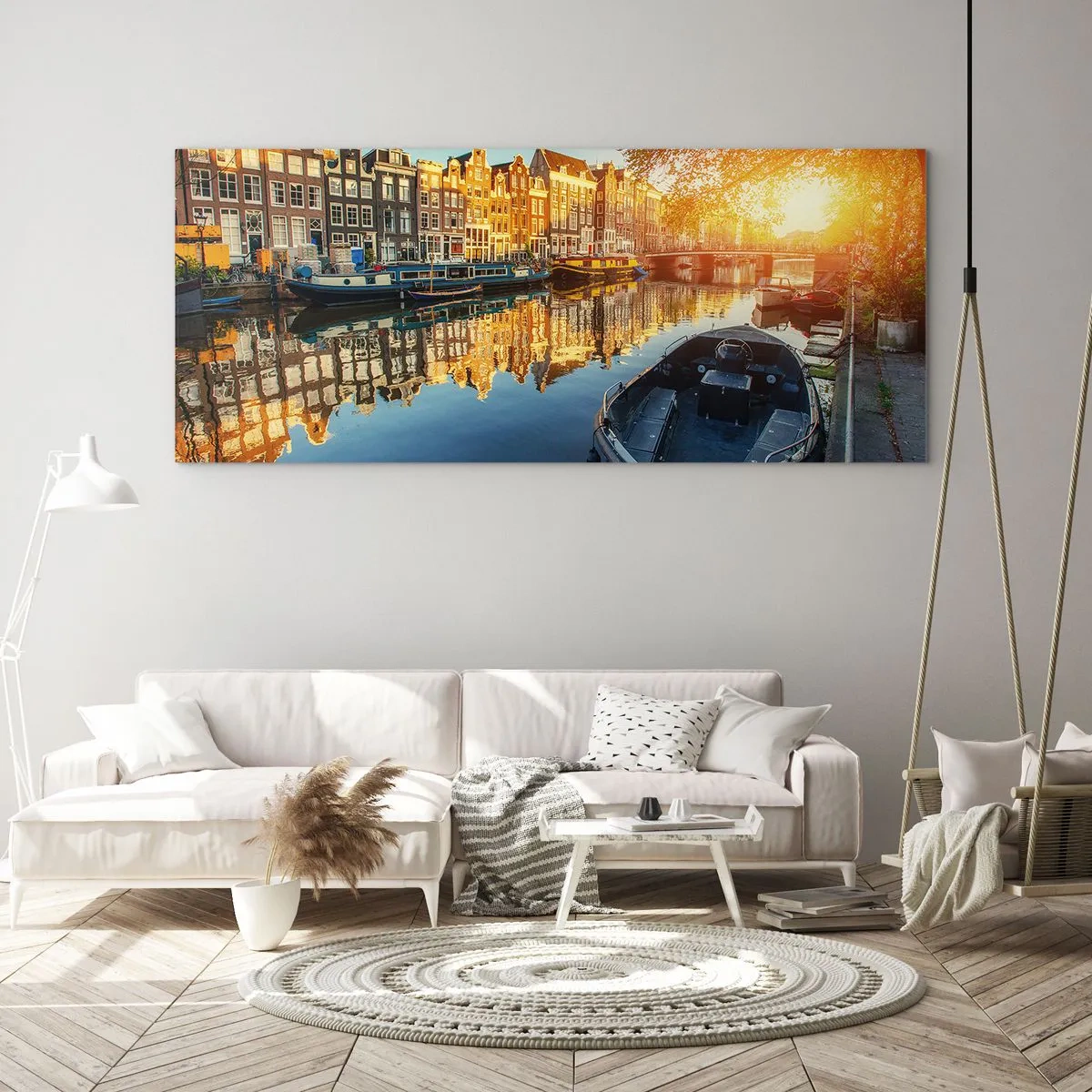 Obraz na szkle - Kanał w Amsterdamie o zachodzie słońca - 160x50cm - Poranek w Amsterdamie - Nowoczesna dekoracja ścienna do salonu i sypialni ARTTOR