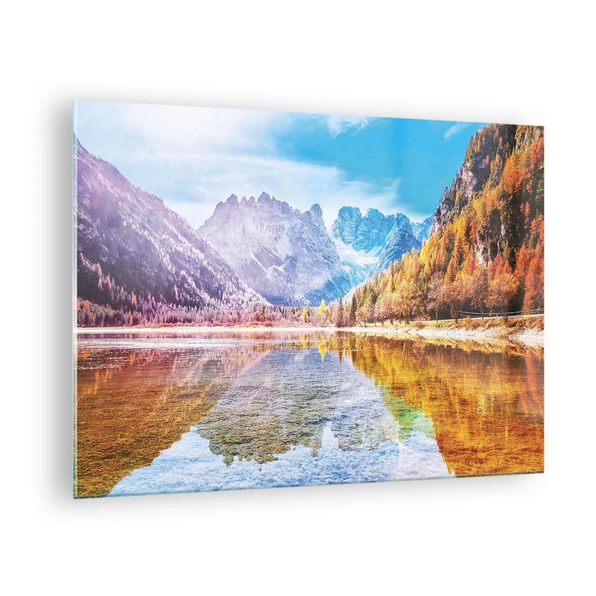 Obraz na szkle - Jesienne góry odbijające się w jeziorze, w otoczeniu kolorowych drzew - 70x50cm - A w górach już jesień - Nowoczesna dekoracja ścienna do salonu i sypialni ARTTOR