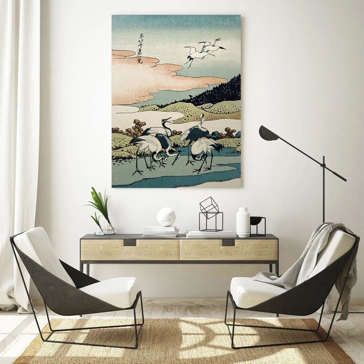 Obraz na szkle - Obraz przedstawiający ptaki w japońskim krajobrazie z widokiem na górę Fuji - 50x70cm - W japońskim duchu - Nowoczesna dekoracja ścienna do salonu, kuchni i sypialni ARTTOR