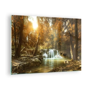 Obraz na szkle - Wodospad w parku otoczonym drzewami w jesiennych barwach - 70x50cm - Parkowa kaskada - Nowoczesna dekoracja ścienna do salonu i sypialni ARTTOR