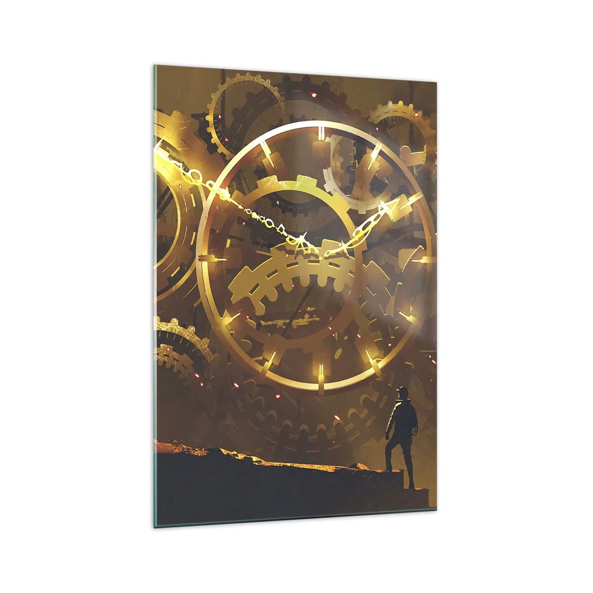 Obraz na szkle - Złote zębate koła w surrealistycznej scenerii z postacią - 70x100cm - U źródeł czasu - Nowoczesna dekoracja ścienna do salonu i sypialni ARTTOR