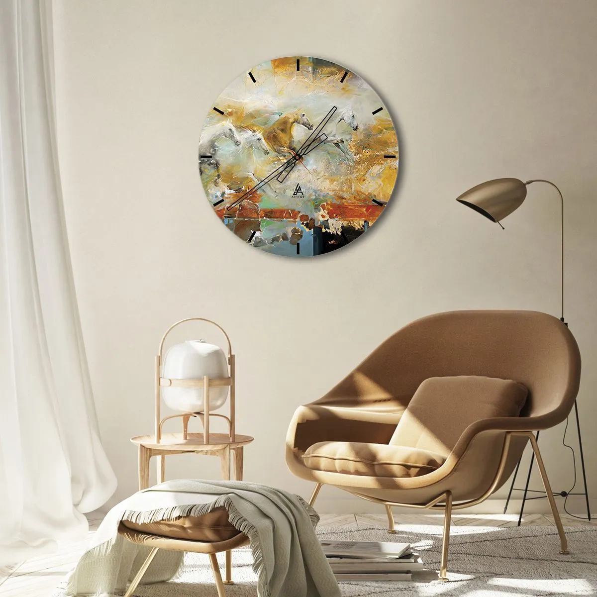 Zegar ścienny - Abstrakcyjne konie w dynamicznym ruchu - 30x30cm - Galopem przez światło - Nowoczesna dekoracja ścienna do salonu, kuchni i sypialni ARTTOR