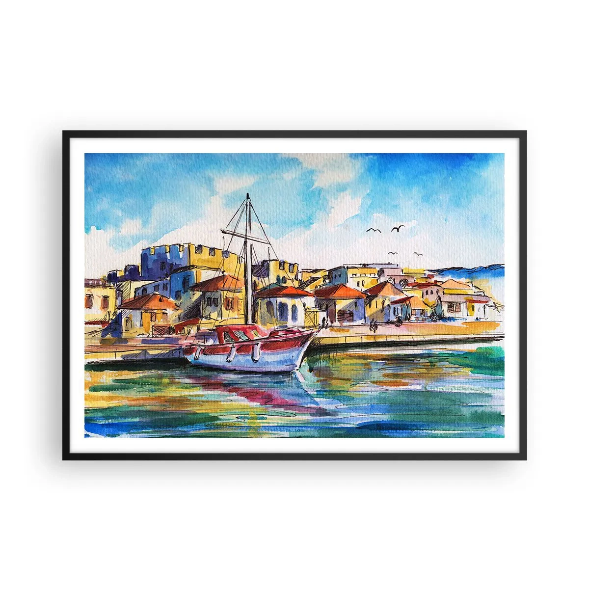 Plakat w czarnej ramie - Malowniczy port z łodzią i kolorowymi budynkami - 100x70cm - Tęczowe popołudnie - Nowoczesna dekoracja ścienna do salonu i sypialni ARTTOR