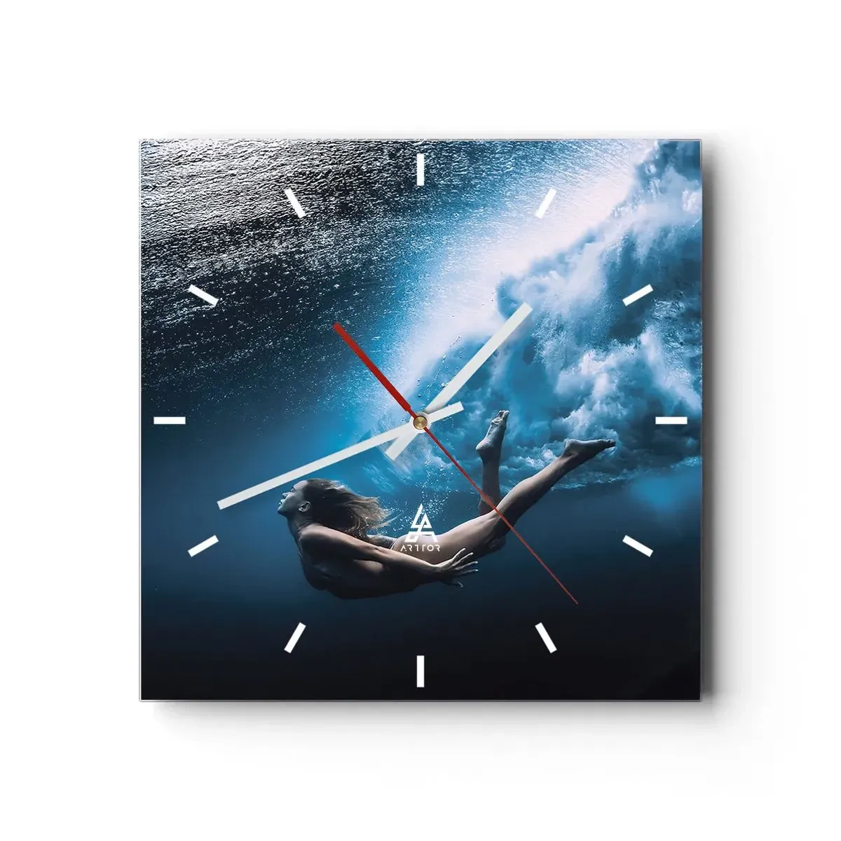 Zegar ścienny - Podwodny kadr z kobietą i bąbelkami powietrza - 30x30cm - Współczesna syrena - Nowoczesna dekoracja ścienna do salonu i sypialni ARTTOR