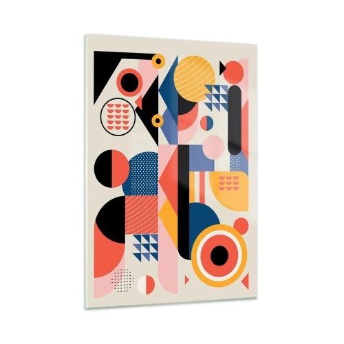 Obraz na szkle - Kolorowa abstrakcja geometryczna z kół i trójkątów - 50x70cm - Kompozycja: pobaw się - Nowoczesna dekoracja ścienna do salonu, kuchni i sypialni ARTTOR