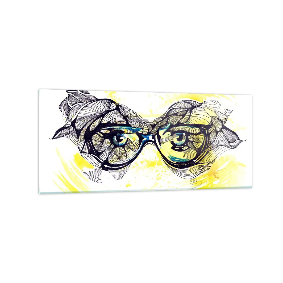 Obraz na szkle - Artystyczna grafika okularów z wyrazistymi oczami - 120x50cm - Przez błękitne okulary - Nowoczesna dekoracja ścienna do salonu i sypialni ARTTOR