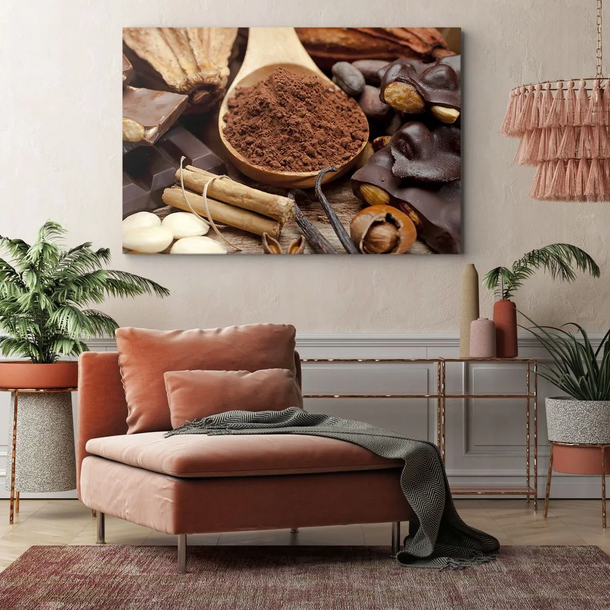 Obraz na płótnie - Łyżka kakao i składniki czekoladowe w rustykalnej aranżacji - 70x50cm - Najlepsza na smutki - Nowoczesna dekoracja ścienna do salonu i sypialni ARTTOR