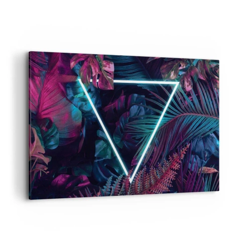 Obraz na płótnie - Neonowy trójkąt w otoczeniu tropikalnych liści w ciemnych barwach - 120x80cm - Ogród w stylu disco - Nowoczesna dekoracja ścienna do salonu, kuchni i sypialni ARTTOR