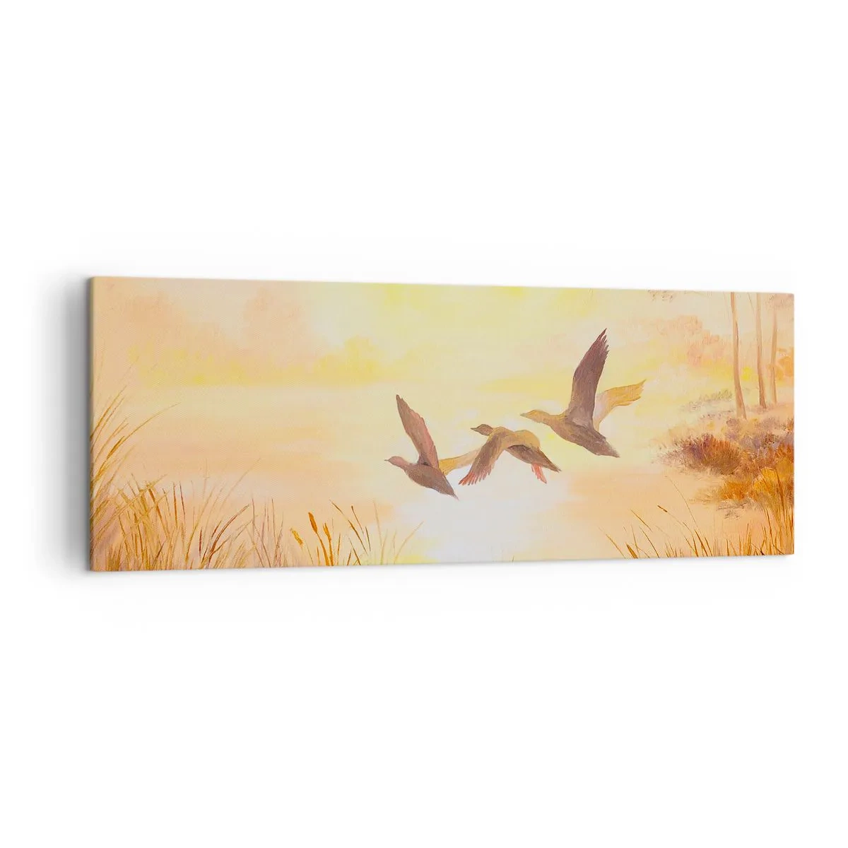 Obraz na płótnie - Lecące kaczki o wschodzie słońca nad jeziorem - 140x50cm - Początek dalekiej podróży - Nowoczesna dekoracja ścienna do salonu i sypialni ARTTOR