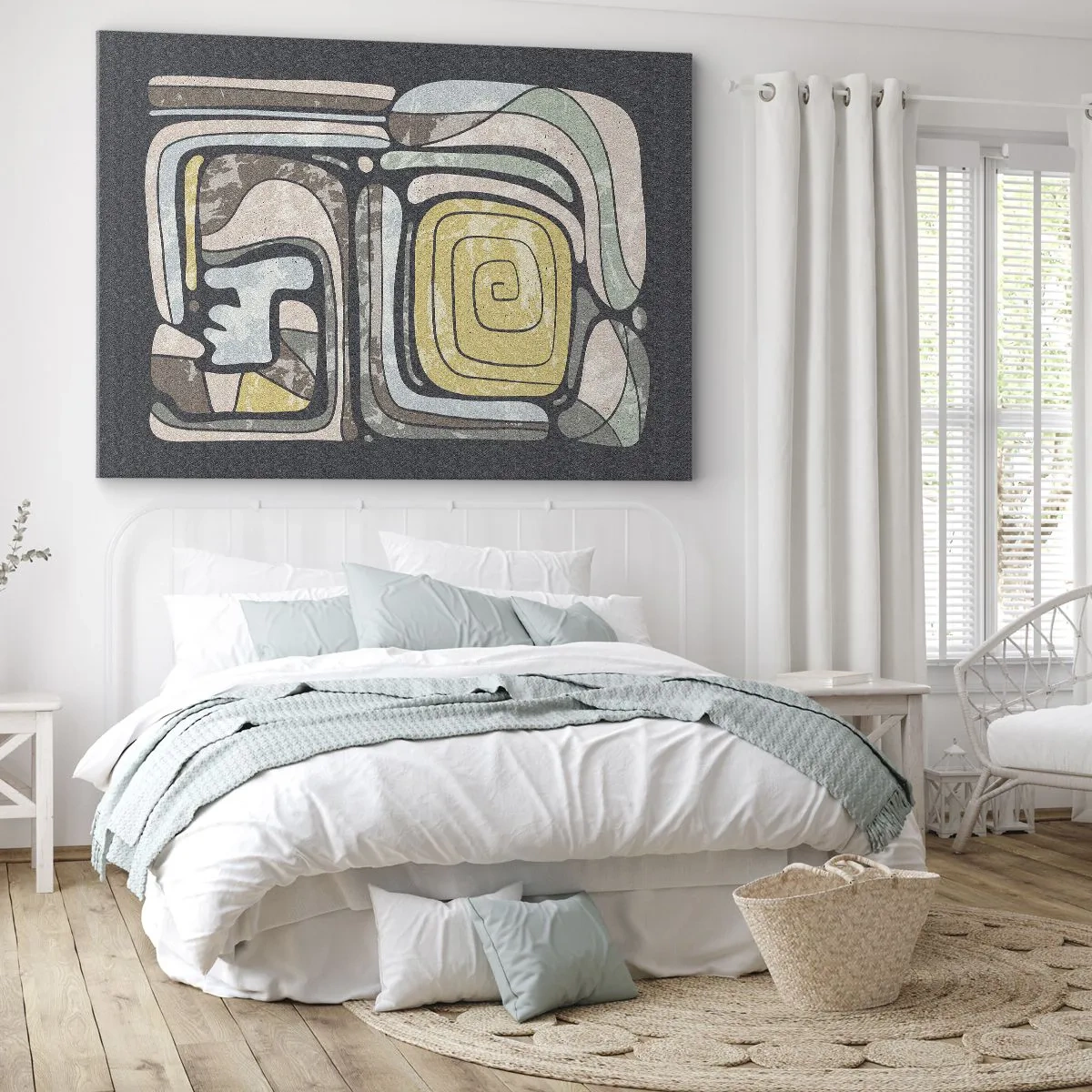 Obraz na płótnie - Prekolumbijskie wzory w pastelowych kolorach na ciemnym tle - 120x80cm - Abstrakcja w duchu prekolumbijskim - Nowoczesna dekoracja ścienna do salonu, kuchni i sypialni ARTTOR