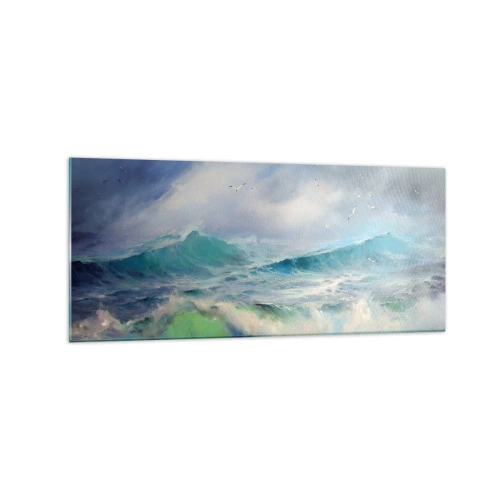 Obraz na szkle - Wzburzone fale na oceanie - 120x50cm - "Wicher z tryumfem zawył…' - Nowoczesna dekoracja ścienna do salonu i sypialni ARTTOR