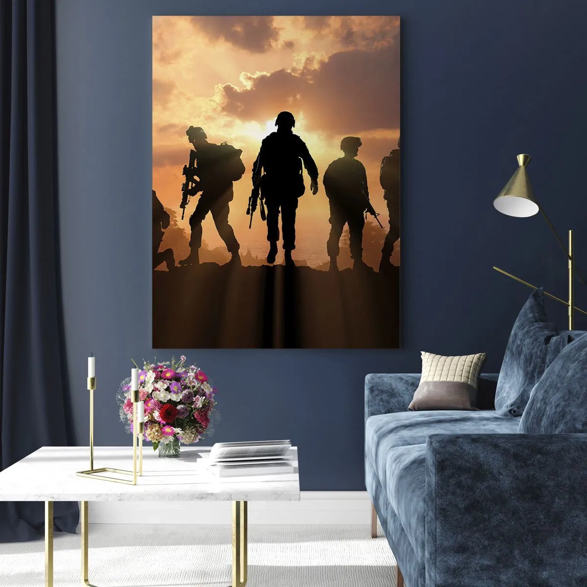 Obraz na szkle - Żołnierze na tle zachodzącego słońca w dynamicznej scenerii - 70x100cm - Brothers in arms - Nowoczesna dekoracja ścienna do salonu i sypialni ARTTOR