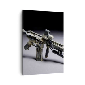 Obraz na płótnie - Taktyczna broń szturmowa w ciemnym tle - 50x70cm - Zawsze grożny - Nowoczesna dekoracja ścienna do salonu, kuchni i sypialni ARTTOR