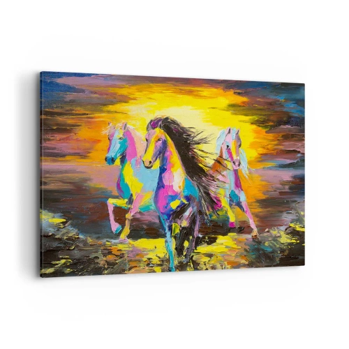 Obraz na płótnie - Kolorowe konie galopujące na tle zachodzącego słońca - 100x70cm - Zanurzone w tęczy - Nowoczesna dekoracja ścienna do salonu, kuchni i sypialni ARTTOR