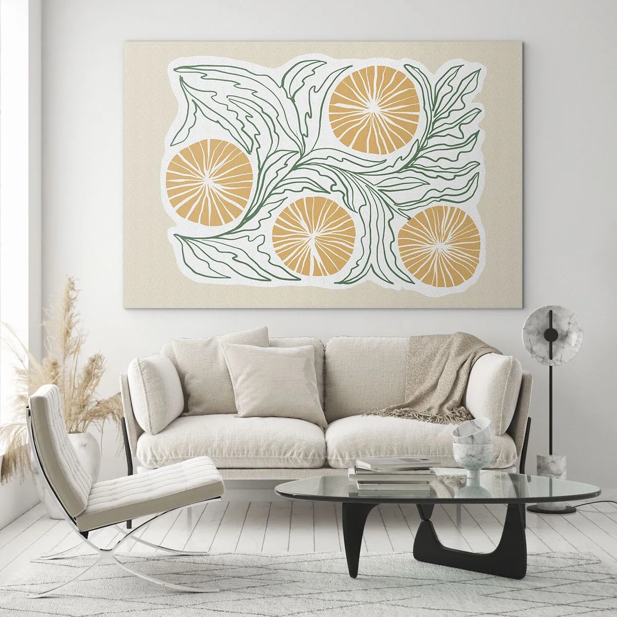 Obraz na szkle - Pomarańczowe owoce i zielone liście w graficznej kompozycji - 70x50cm - Etnicznie z nutą abstrakcji - Nowoczesna dekoracja ścienna do salonu i sypialni ARTTOR