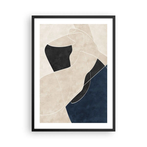 Plakat w czarnej ramie - Geometryczna abstrakcja w odcieniach beżu, czerni i granatu - 50x70cm - Kompozycja abstrakcyjna – kontrast barw - Nowoczesna dekoracja ścienna do salonu i sypialni ARTTOR