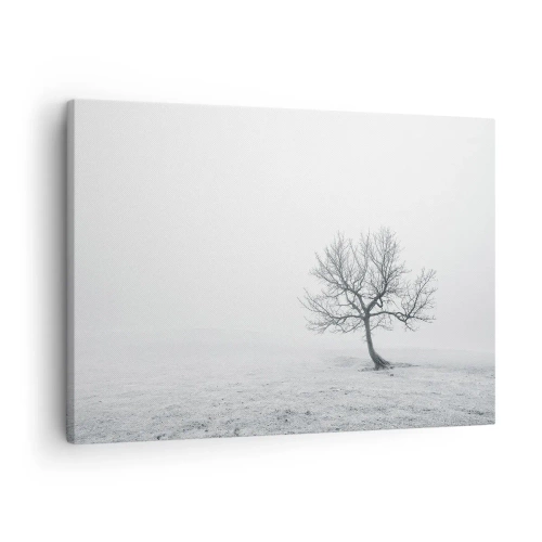 Obraz na płótnie - Samotne drzewo w zimowej mgle na pustym polu - 70x50cm - Przeciw nicości - Nowoczesna dekoracja ścienna do salonu i sypialni ARTTOR