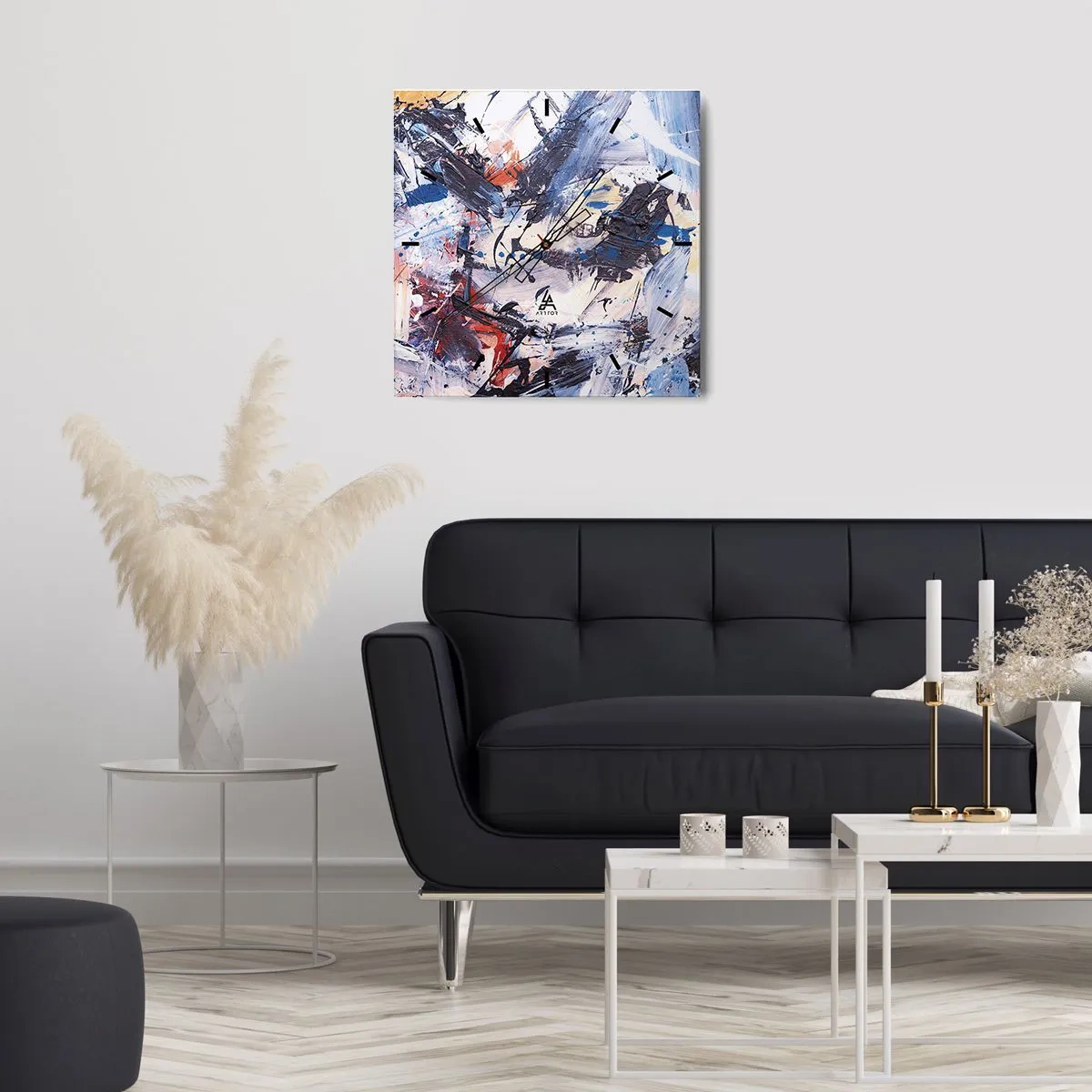 Zegar ścienny - Abstrakcja z dynamicznymi pociągnięciami pędzla w kolorach błękitu i czerwieni - 30x30cm - Szalony taniec abstrakcji - Nowoczesna dekoracja ścienna do salonu i sypialni ARTTOR