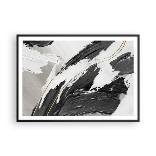 Plakat w czarnej ramie - Czarno-białe pociągnięcia farby z delikatnym złotym akcentem - 100x70cm - Abstrakcja z rozmachem - Nowoczesna dekoracja ścienna do salonu i sypialni ARTTOR