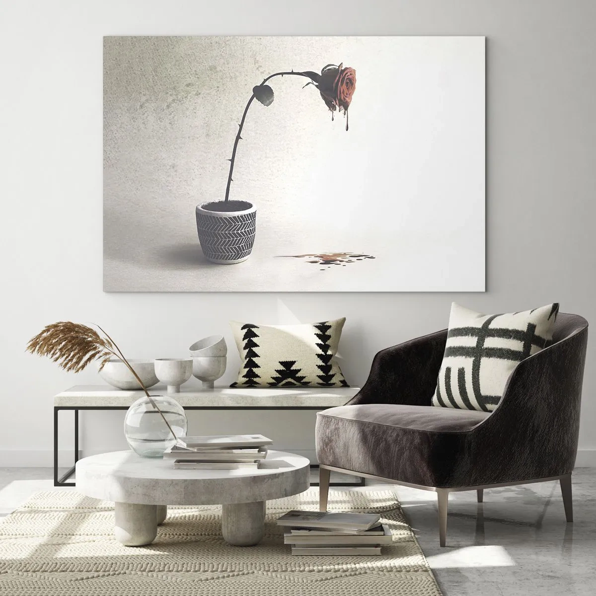 Obraz na szkle - Symboliczna róża w doniczce z kapiącą farbą - 70x50cm - Rosa dolorosa - Nowoczesna dekoracja ścienna do salonu i sypialni ARTTOR