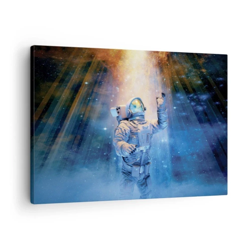 Obraz na płótnie - Astronauta w świetle kosmicznej eksplozji pełnej gwiazd - 70x50cm - Wreszcie u celu - Nowoczesna dekoracja ścienna do salonu i sypialni ARTTOR