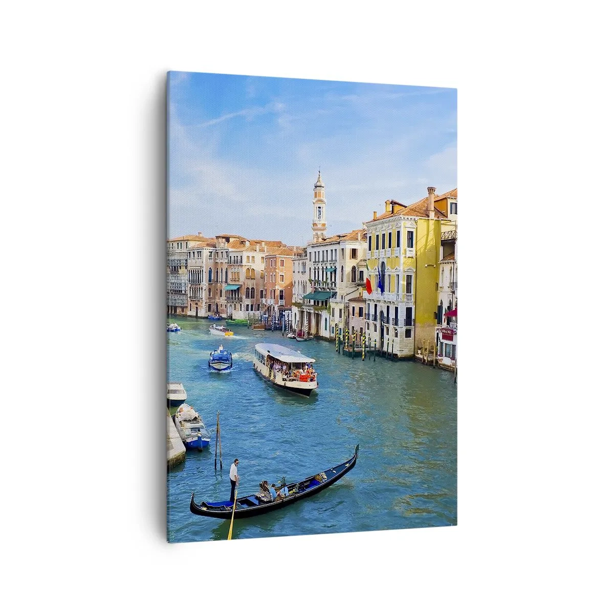 Obraz na płótnie - Kanał wenecki z gondolą i kolorowymi budynkami - 70x100cm - Ruch uliczny jedyny na świecie - Nowoczesna dekoracja ścienna do salonu i sypialni ARTTOR