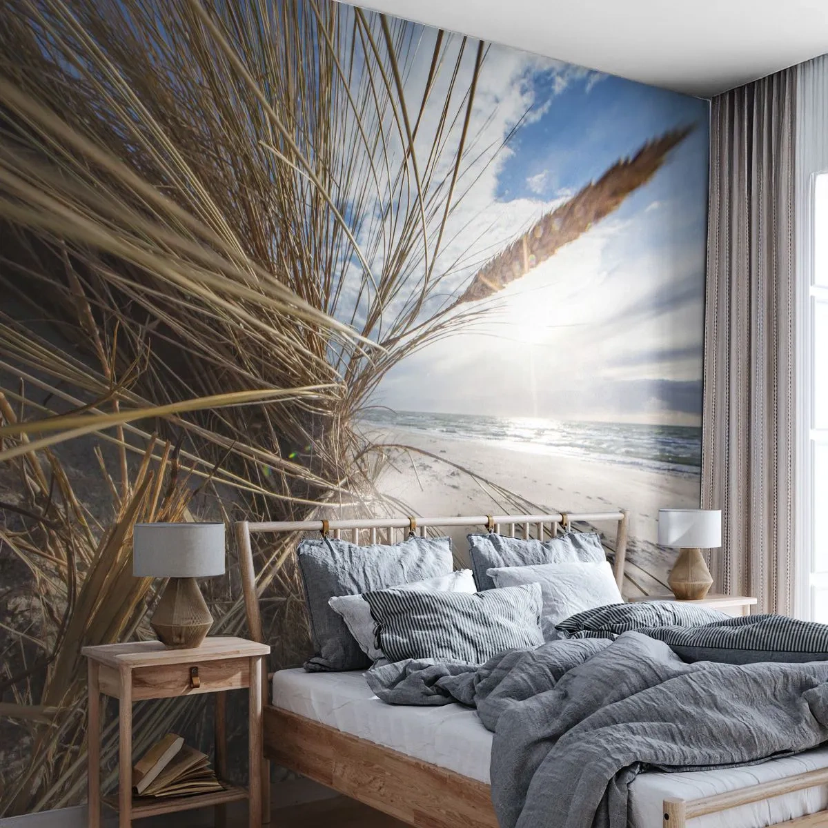 Fototapeta Premium Sand - Wydmy z trawą i morzem o zachodzie słońca - 100x70cm - Spotkanie żywiołów - Nowoczesna dekoracja ścienna do salonu, kuchni i sypialni ARTTOR