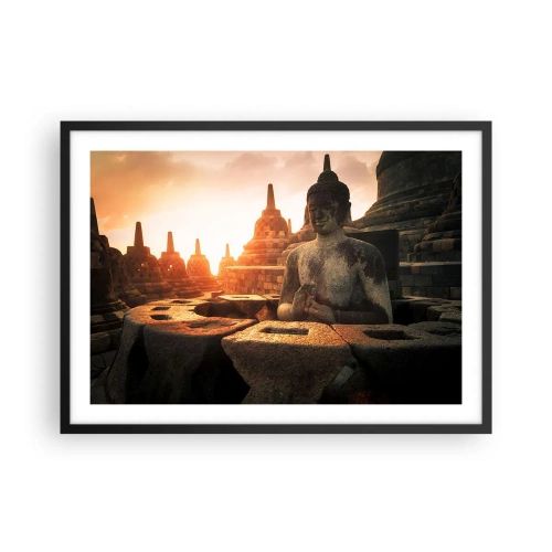 Plakat w czarnej ramie - Posąg Buddy w świątyni Borobudur o zachodzie słońca - 70x50cm - Pogoda wielkiej mądrości - Nowoczesna dekoracja ścienna do salonu i sypialni ARTTOR