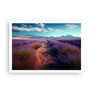 Plakat - Lawendowe pole z widokiem na góry i błękitne niebo - 100x70cm - Pachnące pola - Nowoczesna dekoracja ścienna do salonu i sypialni ARTTOR