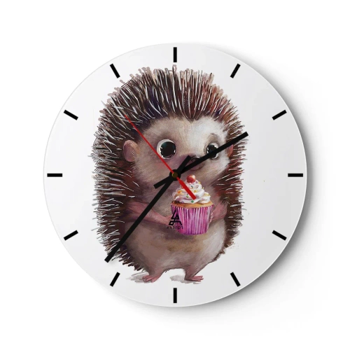 Zegar ścienny - Uroczy jeż trzymający kolorową babeczkę - 30x30cm - Święto jest co dzień - Nowoczesna dekoracja ścienna do salonu, kuchni i sypialni ARTTOR