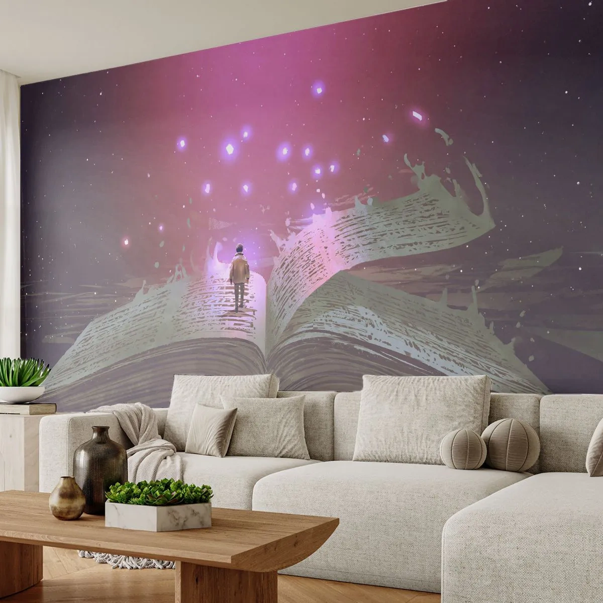 Fototapeta Premium Sand - Magiczna ilustracja człowieka kroczącego po otwartej księdze - 100x70cm - Zaproszenie do innego świata - przeczytaj! - Nowoczesna dekoracja ścienna do salonu, kuchni i sypialni ARTTOR