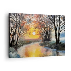 Obraz na płótnie - Zachód słońca nad rzeką w jesiennym krajobrazie - 70x50cm - Jesienne klimaty - Nowoczesna dekoracja ścienna do salonu i sypialni ARTTOR